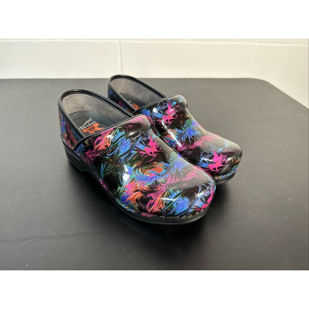 Dansko Black Patent Floral-Print Clogs with Multicolor Accents